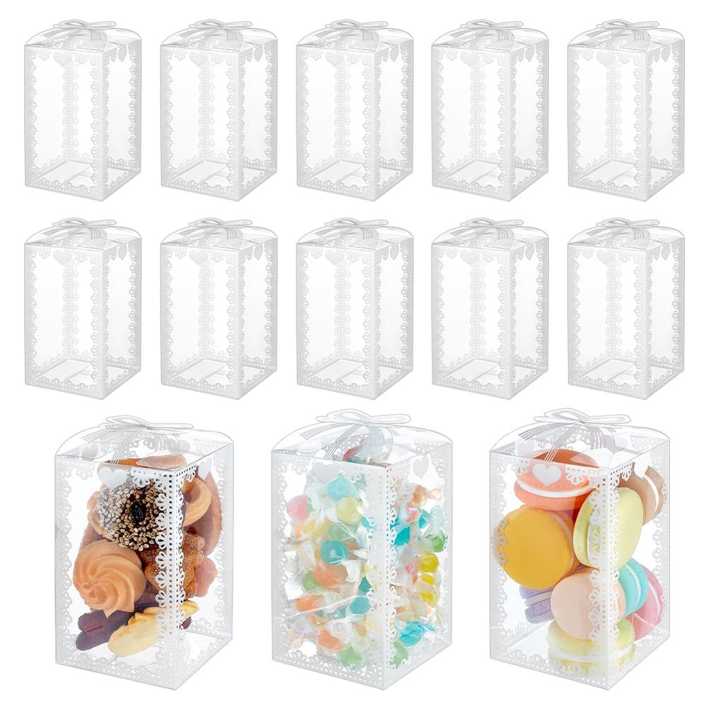 BENECREAT 60pcs Clear Gift Boxes 4.7x2.75x2.75 PVC Treat Favor Boxes with White Bowknot Lace for Candy Chocolate, Wedding Party Favors, Valentine's Day Festival Gift Packaging