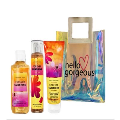 Bath & Body Works - 3 Piece Bundle - Spray - Body Cream - Shower Gel - Full Size and Bag HELLO GORGEOUS (Forever Sunshine)