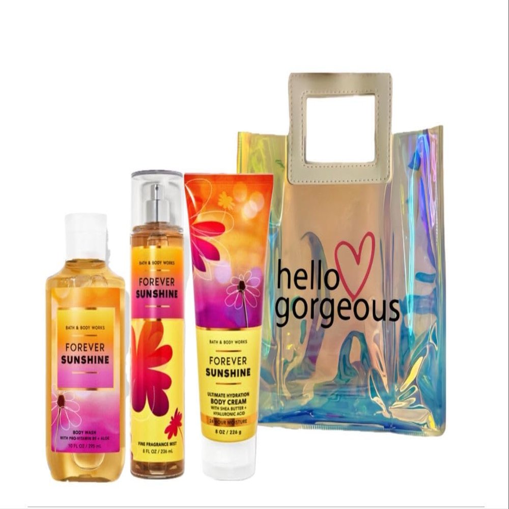 Bath & Body Works - 3 Piece Bundle - Spray - Body Cream - Shower Gel - Full Size and Bag HELLO GORGEOUS (Forever Sunshine)