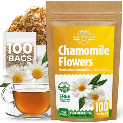 100 Bags Chamomile Tea Loose Leaf Dried Chamomile Flowers Manzanilla Tea (Matricaria Chamomilla) - 100 Count 1.5g Bags Flores De Manzanilla