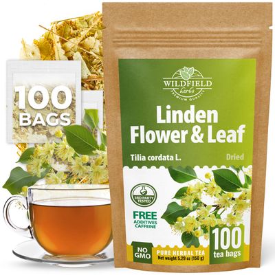 100 Bags Linden Tea Dried Linden Flower Tea Herbal (Tilia Cordata) - 100 Count 1.5g Bags Herb Lipa