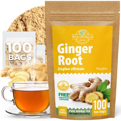 100 Bags Ginger Tea Ginger Root Tea Dry Dried Herb (Zingiber Officinale) - 100 Count 1.5g Bags Raz De Jengibre