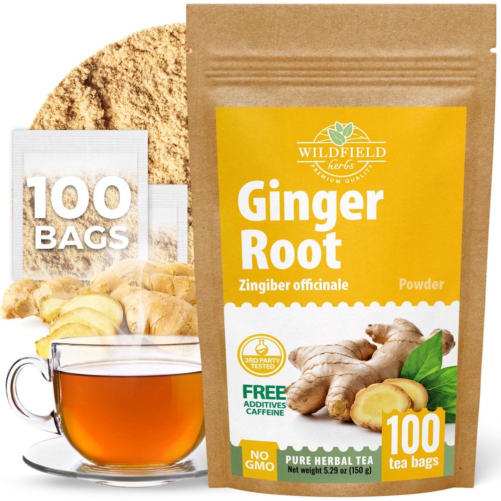 100 Bags Ginger Tea Ginger Root Tea Dry Dried Herb (Zingiber Officinale) - 100 Count 1.5g Bags Raz De Jengibre