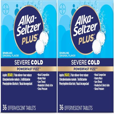 Alka-Seltzer Plus Severe Cold - Sparkling Original Powerfast Fizz Effervescent Common Cold Tablets, Sinus Congestion, Runny Nose, and Dry Cough, 36CT, Packaging May Vary- Pack of 2