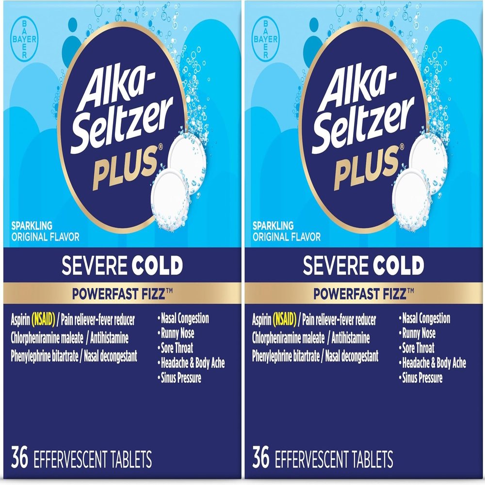 Alka-Seltzer Plus Severe Cold - Sparkling Original Powerfast Fizz Effervescent Common Cold Tablets, Sinus Congestion, Runny Nose, and Dry Cough, 36CT, Packaging May Vary- Pack of 2