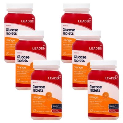 Leader Glucose Tablets, Energy and Blood Sugar Support, Orange Flavor, 50 Chewable Tablets - 6 Pack