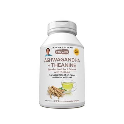 ANDREW LESSMAN Ashwagandha + Theanine 30 Capsules - Standardized Extract. Promotes Relaxation, Focus and Balanced Mood. Small Easy to Swallow Capsules