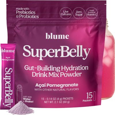 Blume SuperBelly Gut Health and On-The-Go Hydration Packets, GLP-1 Friendly, Sugar-Free, with Prebiotics, Probiotics, Apple Cider Vinegar, Vitamin C, and Electrolytes, Aai Pomegranate, 15 Sticks
