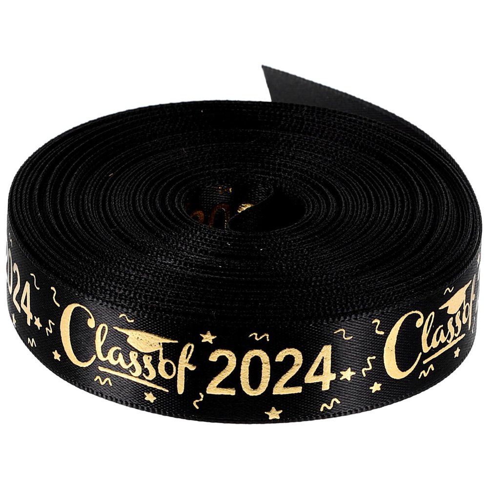 1 Roll Class of 2024 Ribbon, Graduation Ribbon Class of 2024, 0.6 Inch Width Congratulations Ribbon, 10 Yards Black Ribbon for Graduation Day Wrapping Party Decoration Crafts Supplies