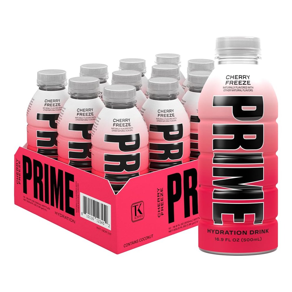PRIME Hydration CHERRY FREEZE, Sports Drinks, Electrolyte Enhanced for Replenishing Fluids, 250mg BCAAs, B Vitamins, Antioxidants, Low Sugar, 16.9 Fl Oz, 12 Pack