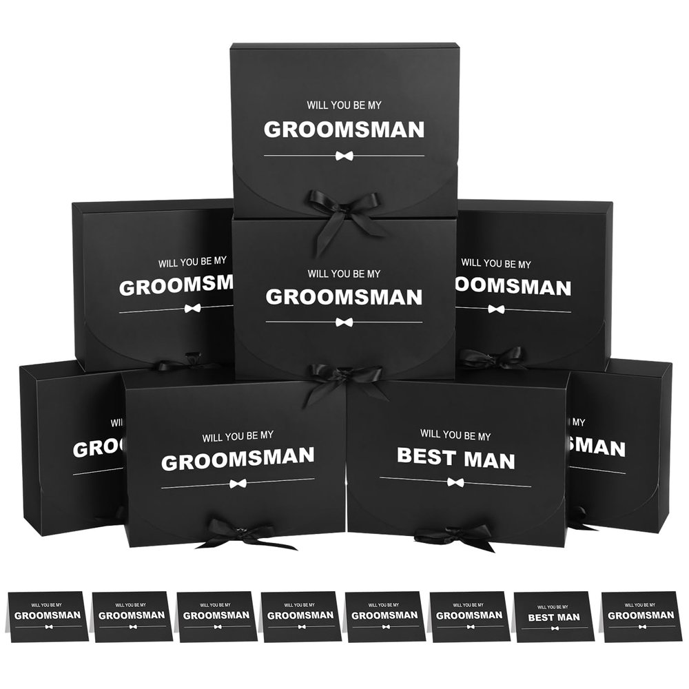 8Pack Groomsmen Proposal Box with Card (7 Groomsmen Boxes,1 Best Man Box) , 10.67.93.1 Inch Groomsmen Gift Box with Ribbon, Will You Be My Groomsman Box, Wedding Gift Box for Groomsmen Proposal Gift