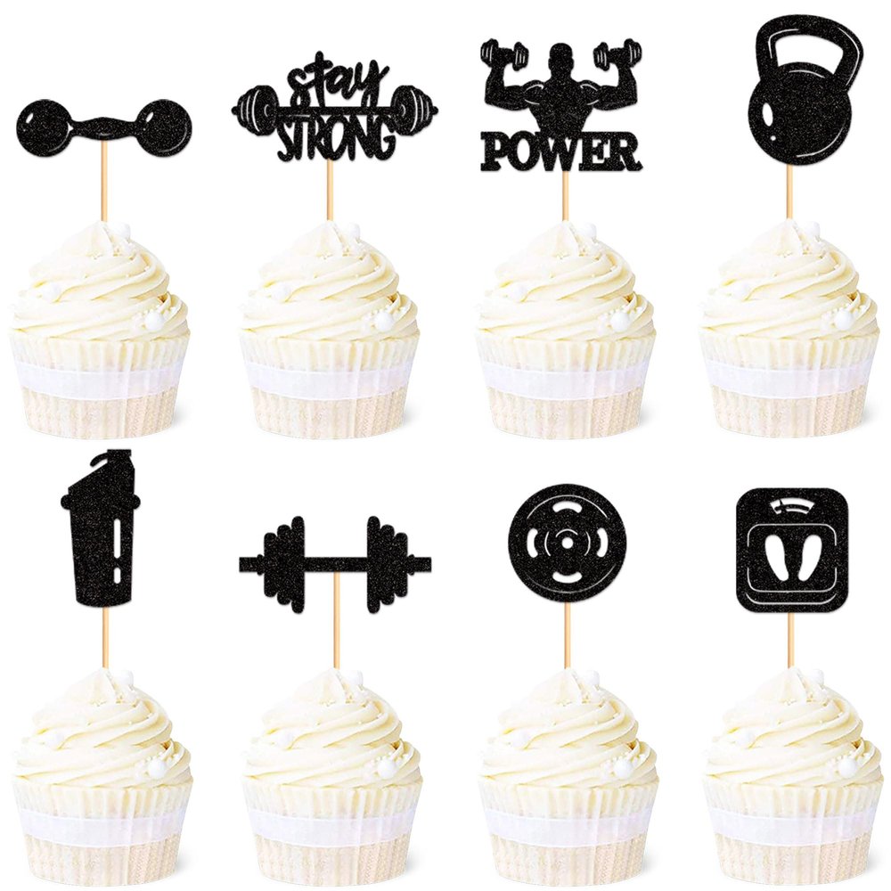 Ercadio 24 Pack Gym Workout Cupcake Toppers Glitter Biceps Dumbbells Kettlebells Abodominal Stay Strong Bodybuilding Cupcake Picks Fitness Themed Birthday Party Cake Decorations Supplies