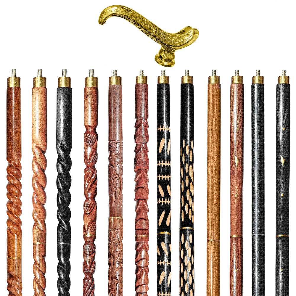Wooden Walking Sticks and Canes Travel Collapsible for Men Women Seniors Hiking with Brass Lamp Derby Handle (Golden Polished, AANWS-125) (WS-07)