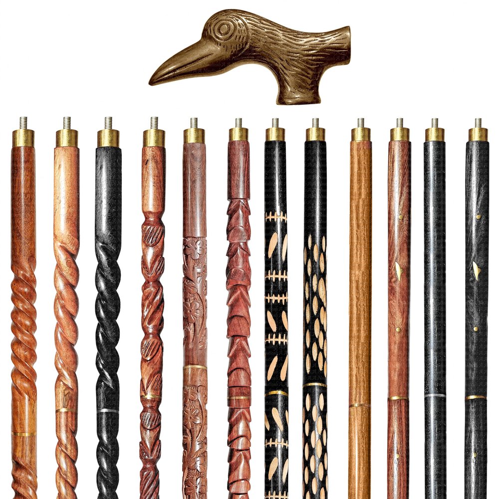 Wooden Walking Sticks and Canes Travel Collapsible for Men Women Seniors Hiking with Brass Pelican Bird Handle (Brown Antique, AANWS-127) (WS-03)