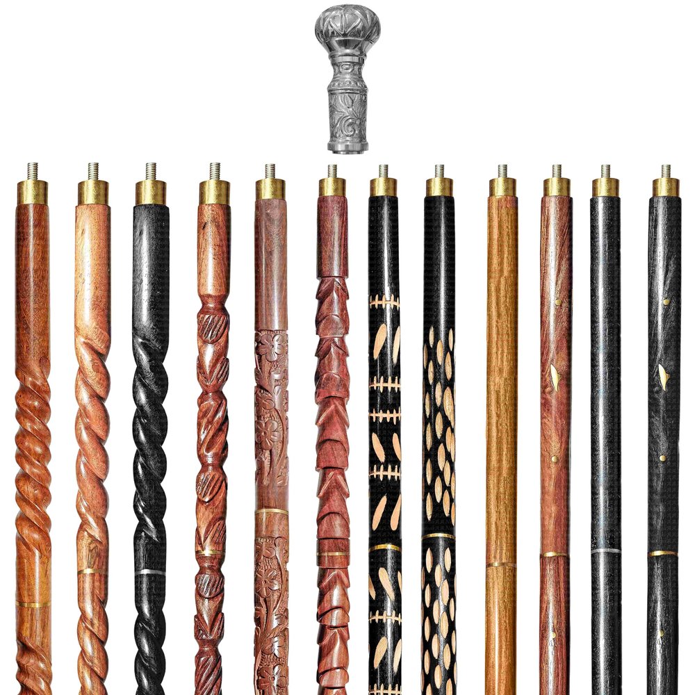 Wooden Walking Sticks and Canes Travel Collapsible for Men Women Seniors Hiking with Brass Staff Handle (Silver Polished, AANWS-142) (WS-04)