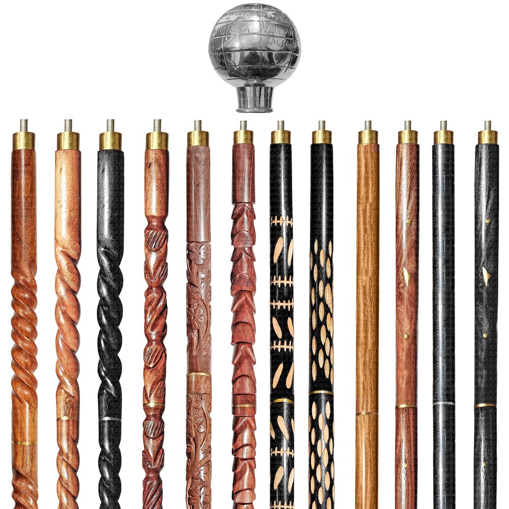 Wooden Walking Sticks and Canes Travel Collapsible for Men Women Seniors Hiking with Brass Globe Handle (Silver Polished, AANWS-140) (WS-10)