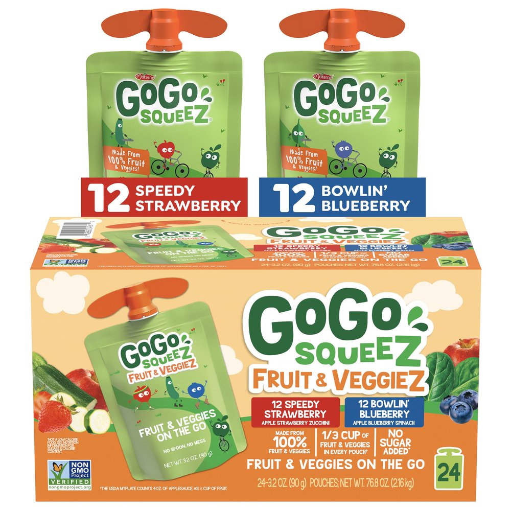 GoGo squeeZ Fruit & veggieZ Applesauce and Puree Variety Pack, Speedy Strawberry and Bowlin' Blueberry, 3.2 oz (Pack of 24), Unsweetened Snacks for Kids, BPA Free Pouches