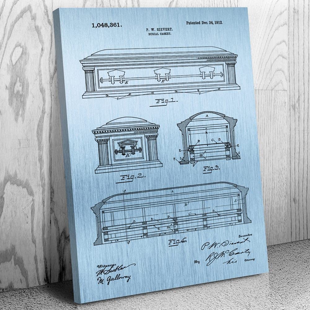 Burial Casket Canvas Print, Funeral Director, Mortician Gift, Funeral Home Art, Coffin Blueprint, Embalming Room Art Blue Steel (9 inch x 12 inch)