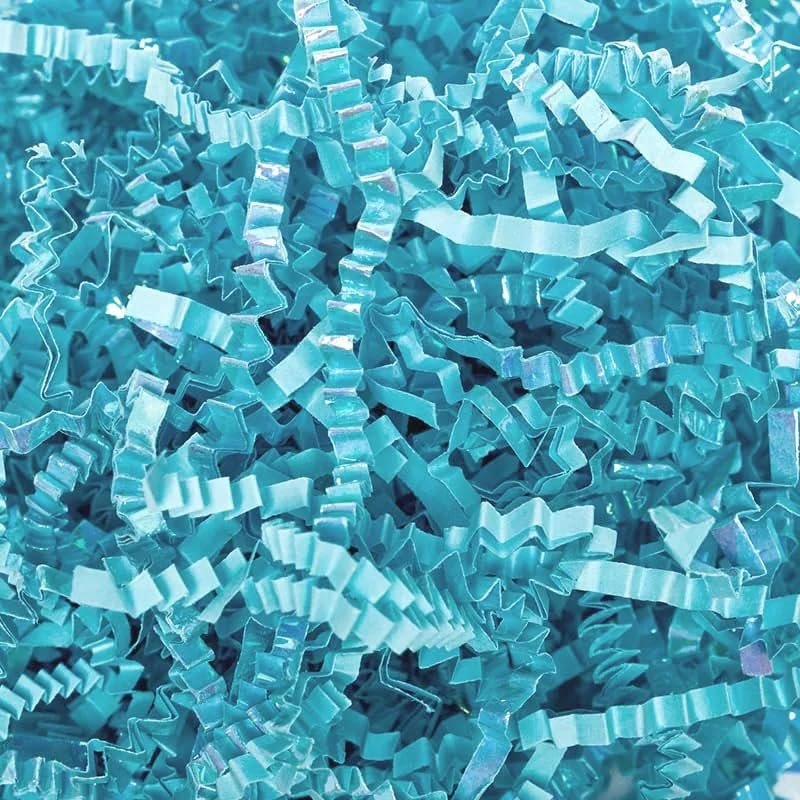 Paper Mart Crinkle Paper Filler, Iridescent Pastel Blue 10 LB Bag, Shiny Shredded Paper for Gift Baskets, 24 x 16 x 11.5 Inch Compacted Bag of Gift Box Filler
