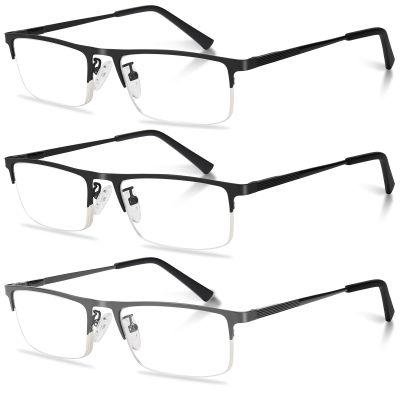 Anourney 3-Pack Reading Glasses for Men, Lightweight Metal Half Frame Blue Light Blocking Computer Readers, Stylish Filter UV Ray/Computer Glare with Spring Hinge Eyeglasses(2 Black+1 Gray,+1.25)
