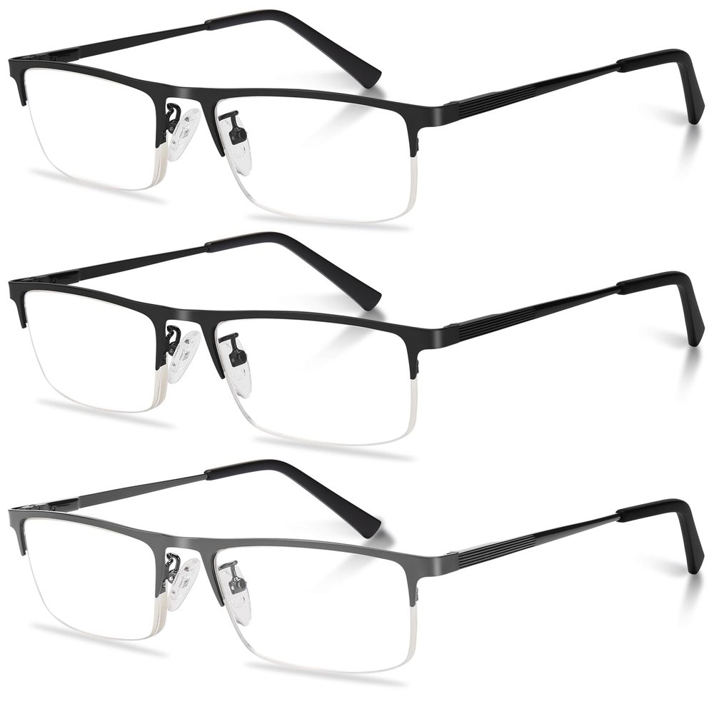 Anourney 3-Pack Reading Glasses for Men, Lightweight Metal Half Frame Blue Light Blocking Computer Readers, Stylish Filter UV Ray/Computer Glare with Spring Hinge Eyeglasses(2 Black+1 Gray,+1.25)