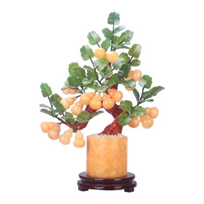 BABETT Artificial Small Bonsai Tree Artificial Bonsai Jade Carving Jade Gourd Bonsai Table Display Feng Shui Auspicious Ornaments Indoor Home Bonsai Ornaments Living Room Fake Plant Greenery Decor
