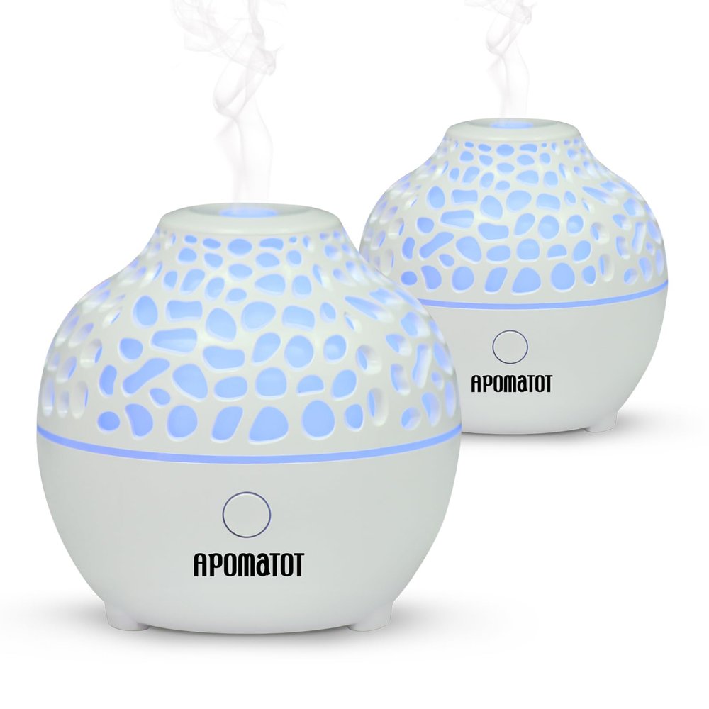 APOMATOT 2 Pack Essential Oil Diffuser,Mini Portable Aromatherapy Diffusers,60ml Cool Mist Humidifier with USB 7 LED Light Color,Waterless Auto Shut-Off for Gift Home Office Room
