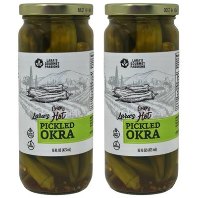 Lara's Crisp and Hot Pickled Okra  (Pack of 2, 16 fl oz each)  Zesty Southern Style Spicy Okra, Ideal for Charcuterie Boards, Gourmet Snacks, and Cocktails  Gluten-Free, All-Natural, Vegan-Friendly