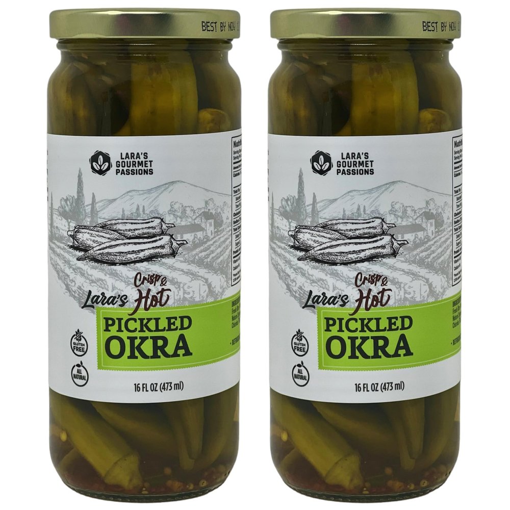 Lara's Crisp and Hot Pickled Okra  (Pack of 2, 16 fl oz each)  Zesty Southern Style Spicy Okra, Ideal for Charcuterie Boards, Gourmet Snacks, and Cocktails  Gluten-Free, All-Natural, Vegan-Friendly