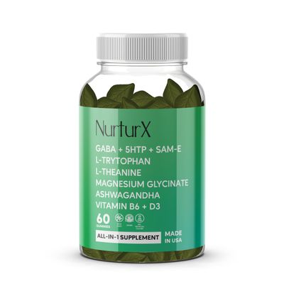 NurturX GABA + 5-HTP + SAM-e, L-Tryptophan, L-Theanine, Ashwagandha Gummies, All-in-One Natural Supplement, Made in USA, Vegan, 60 Gummies