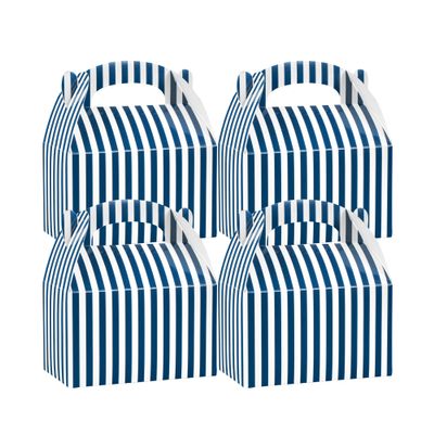 Bio Tek 6 x 3.5 x 3.5 Inch Gable Boxes For Party Favors, 25 Attractive Gift Boxes - Striped Design, With Built-In Handle, Blue And White Paper Barn Boxes, Disposable, For Parties