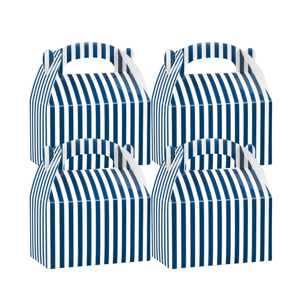 Bio Tek 6 x 3.5 x 3.5 Inch Gable Boxes For Party Favors, 25 Attractive Gift Boxes - Striped Design, With Built-In Handle, Blue And White Paper Barn Boxes, Disposable, For Parties