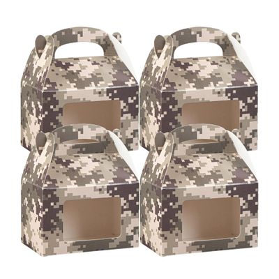 Bio Tek 4 x 2.5 x 2.5 Inch Gable Boxes For Party Favors, 100 Attractive Gift Boxes - Camouflage Print, Built-In Handle, Paper Barn Boxes, With Clear PET Window, For Parties