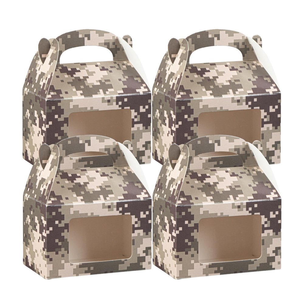 Bio Tek 4 x 2.5 x 2.5 Inch Gable Boxes For Party Favors, 100 Attractive Gift Boxes - Camouflage Print, Built-In Handle, Paper Barn Boxes, With Clear PET Window, For Parties
