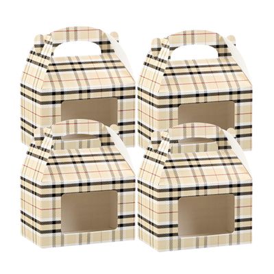 Bio Tek 4 x 2.5 x 2.5 Inch Gable Boxes For Party Favor, 25 Attractive Gift Boxes - Built-In Handle, Plaid Pattern, Paper Barn Boxes, Disposable, For Parties