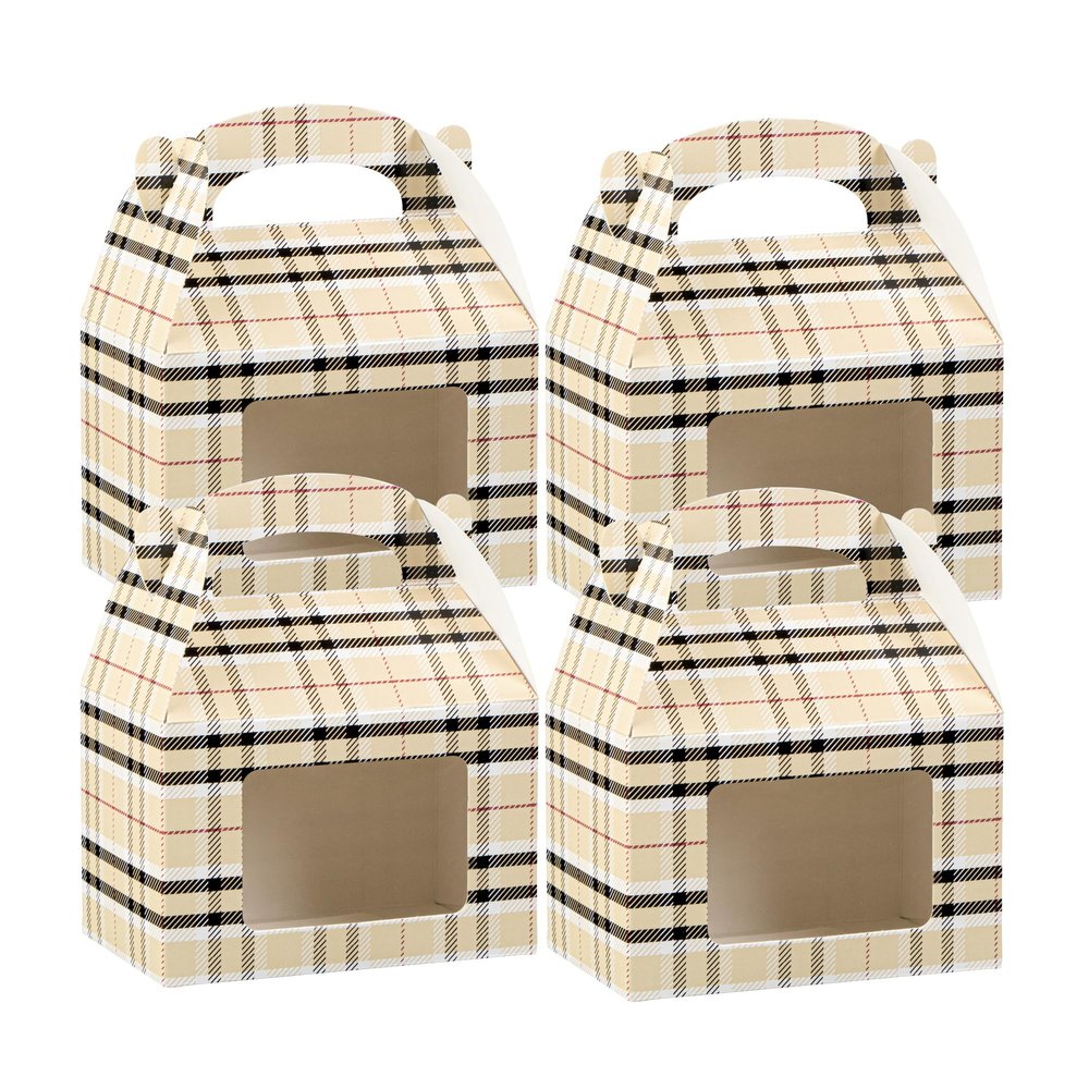 Bio Tek 4 x 2.5 x 2.5 Inch Gable Boxes For Party Favor, 25 Attractive Gift Boxes - Built-In Handle, Plaid Pattern, Paper Barn Boxes, Disposable, For Parties
