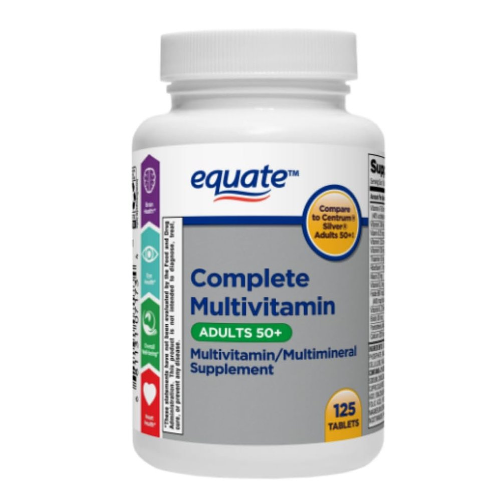 Healthy Surplus Equate Complete Multivitamin Adults 50+ Supplement 125 Tablets and Vital Volumes Vitamins A to Zinc Tips Card | Bundle