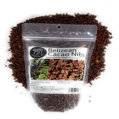 Jungle Cat Cacao Belizean Cacao Nibs | Organic | Superfood | Strong Dark Chocolate Flavor | Antioxidants & Favonoids | GMO-free Vegan | 100% Belizean Cacao Imported From Toledo District | 8oz