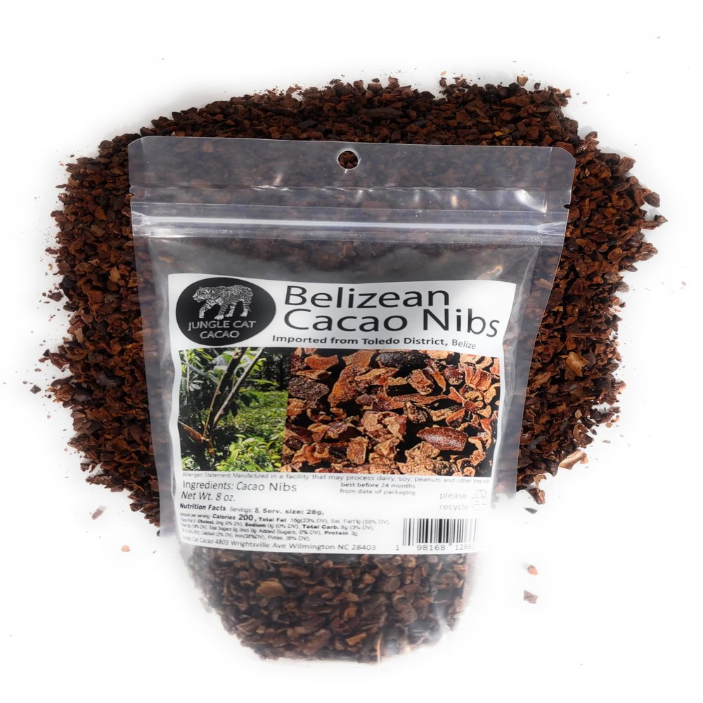 Jungle Cat Cacao Belizean Cacao Nibs | Organic | Superfood | Strong Dark Chocolate Flavor | Antioxidants & Favonoids | GMO-free Vegan | 100% Belizean Cacao Imported From Toledo District | 8oz