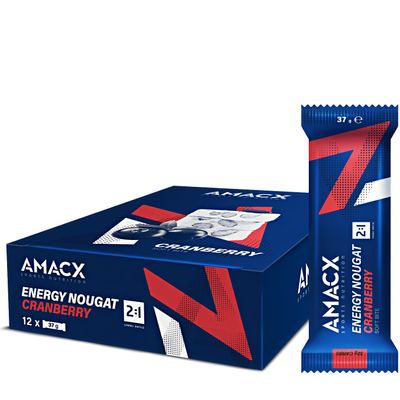 AMACX Energy Nougat Bar for Endurance Athletes 12 x 37g Healthy Snacks Fruit and Nut Bars Sports Nutrition Power Bars 2:1 Carbohydrates (32g) Dairy- and Gluten-Free Snack Bars Cranberry
