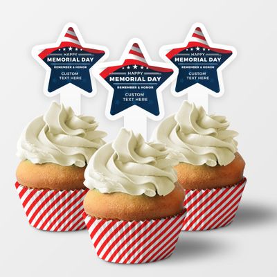 Custom Memorial Day Cupcake Toppers, 2x4 Inches, Solid Plastic Personalized Patriotic Cupcake Toppers, Star Shaped Dessert Picks (25)