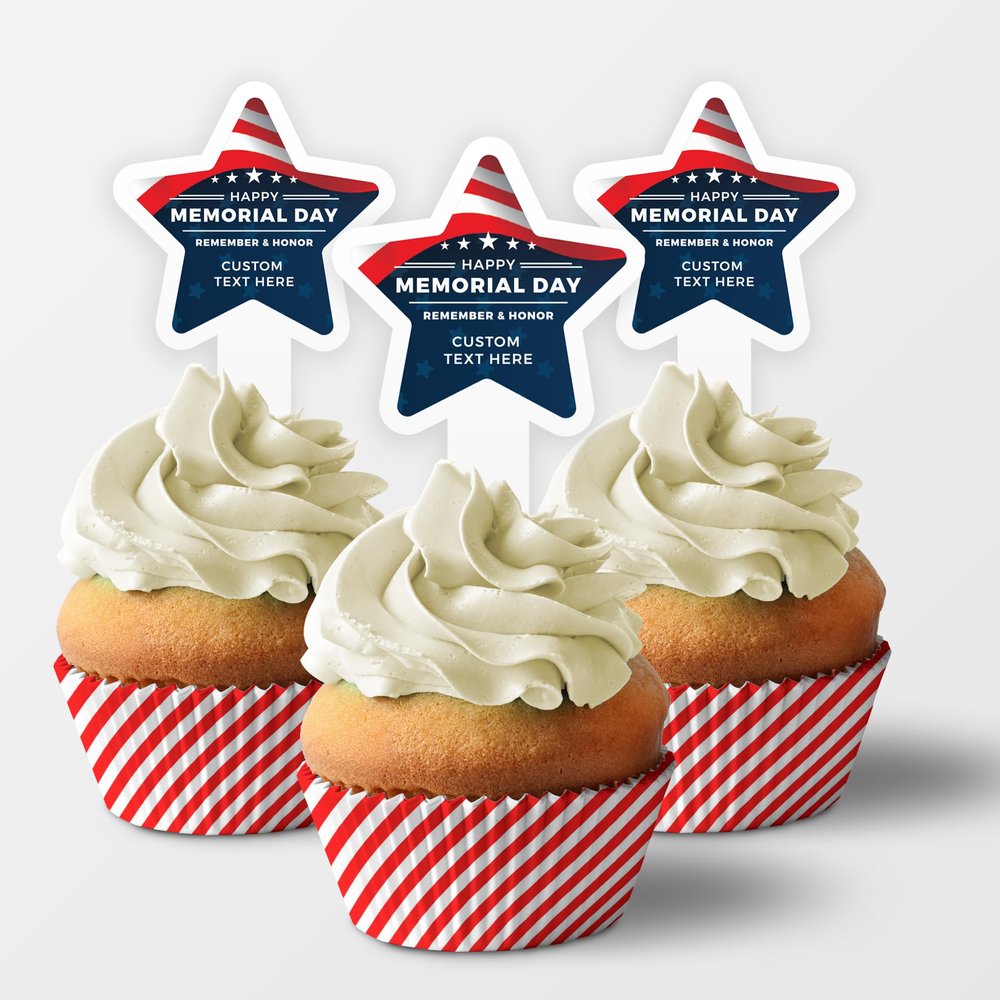 Custom Memorial Day Cupcake Toppers, 2x4 Inches, Solid Plastic Personalized Patriotic Cupcake Toppers, Star Shaped Dessert Picks (25)