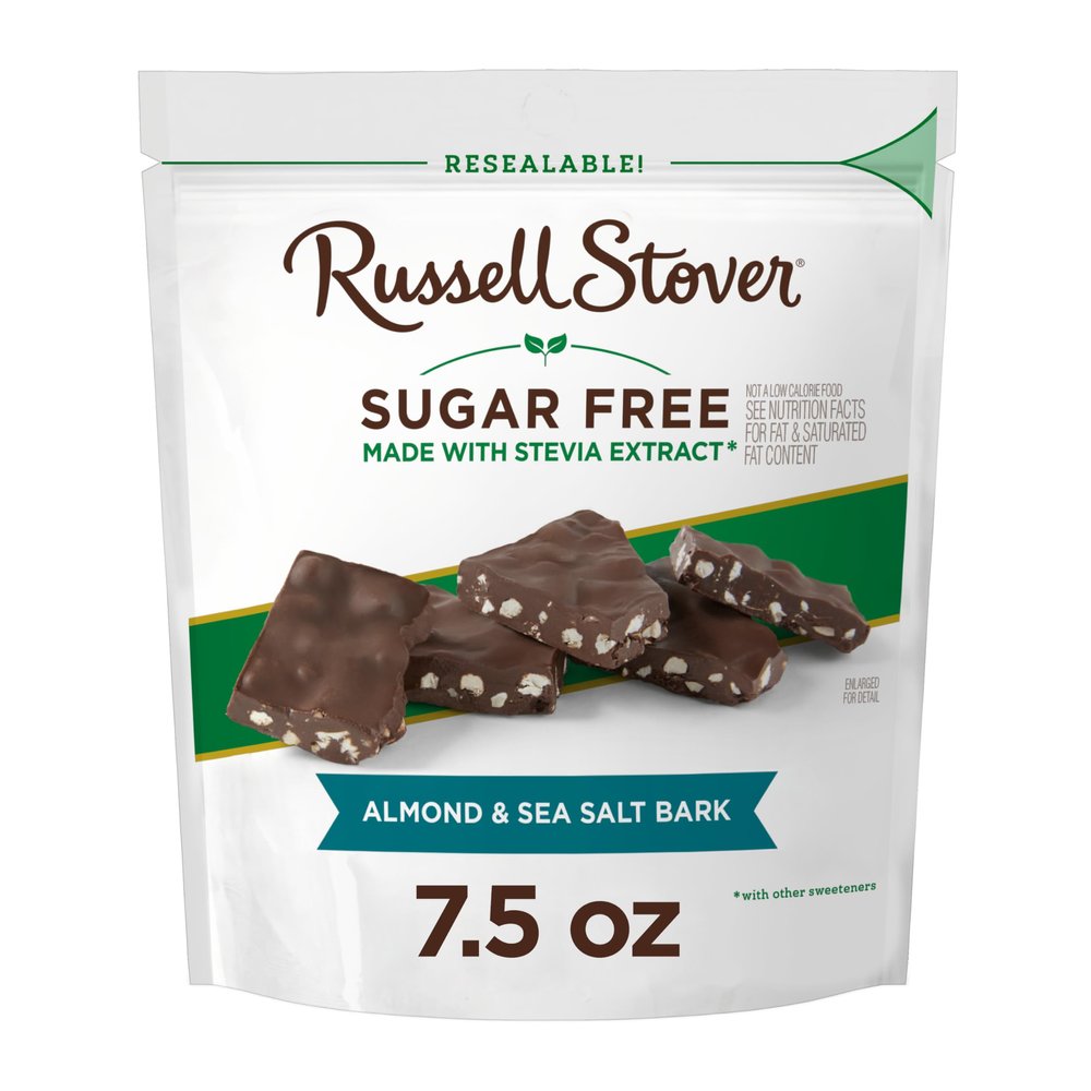 RUSSELL STOVER Sugar Free Dark Chocolate Almond & Sea Salt Bark, 7.5 oz bag ( 24 pieces)