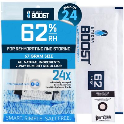 Integra Boost - 62% RH Level - 67 Gram Size - Two-Way Humidity Control Pack - Incl. Replacement Indicator Cards - Food Storage & Herbs Moisture Balancer For Up to 1 LB (Pack of 24)