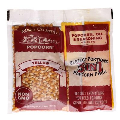 Amish Country Popcorn | All-In-One Kernel Packs | Pre-Measured for Popcorn Machines and Includes Hulless Popcorn, Oil & Salt (Medium Yellow, Oil & Seasoning -10.75 oz - Pack of 24)