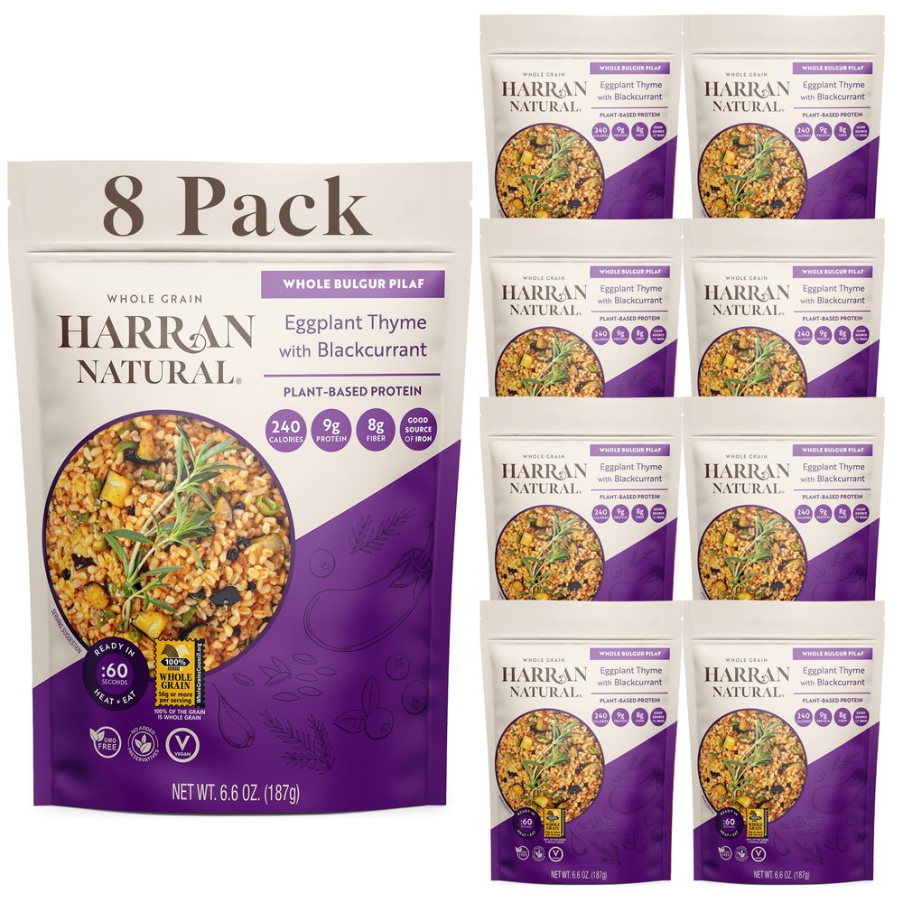 Harran Natural Whole Grain Cracked Bulgur Pilaf, Ready To Eat Bulgur, GMO-Free, Low Calorie, High Protein, Plant Based, Vegan, No Preservatives, No Colorants, No Artificial Flavors, 6.6 Oz (Pack of 8) (Eggplant Thyme with Blackcurrant Bulgur)