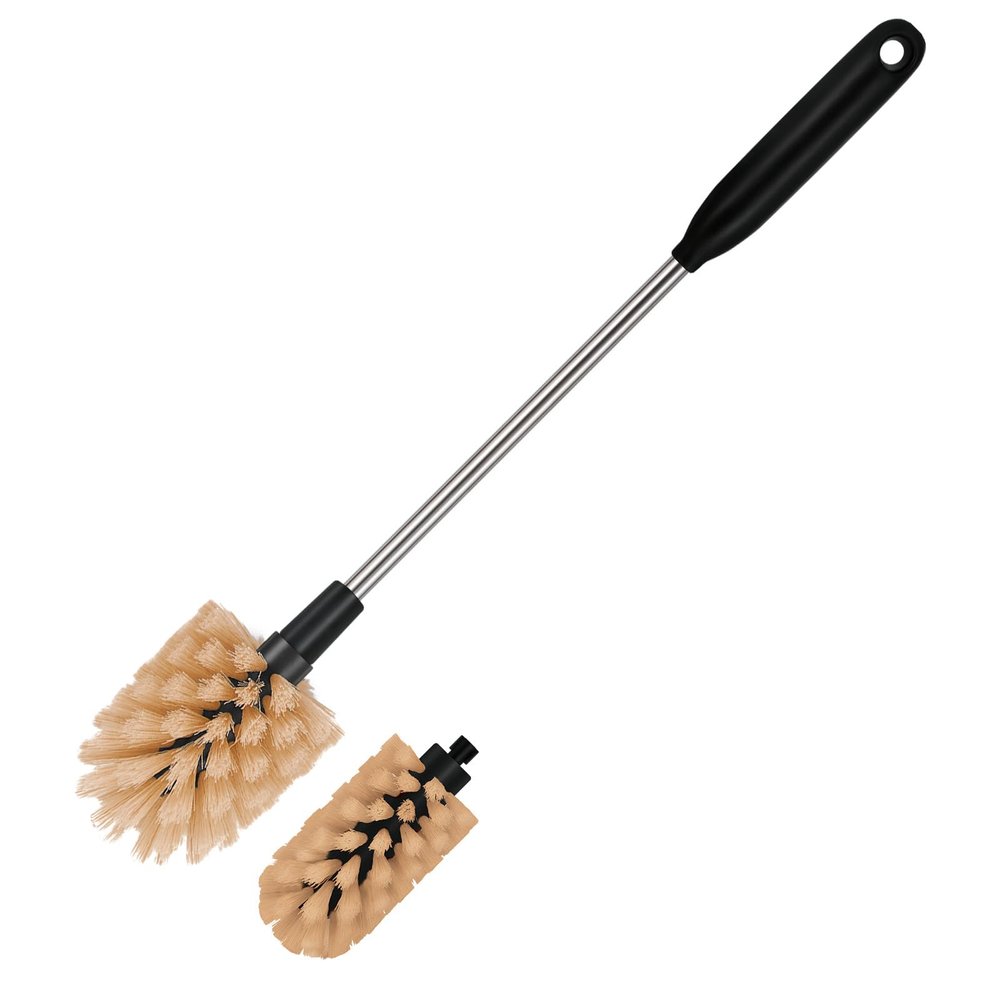 2-in-1 Long Handle Bottle Brush - Water Bottle Cleaning Accessories - Flexible Scrub Brush for Water Bottles,Mugs, Glasswares - with Replacement Brush HeadsDishwasher Safe ReusableBrown