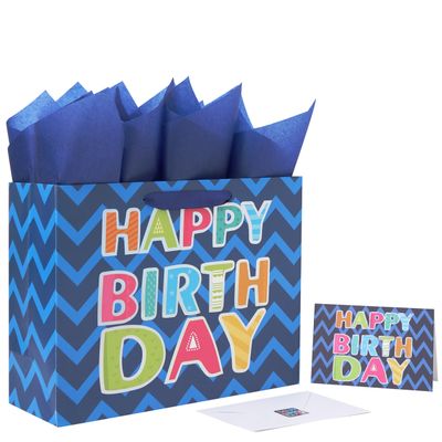 13" Large Blue Gift Bag Set with Greeting Card and White Tissue Papers (Laser Foil 'Happy Birthday') for Men's Birthday Party, Boys' or Kids' Parties, Baby Shower, Baby Boy - 13x5.2x10.2, 1 Pcs.