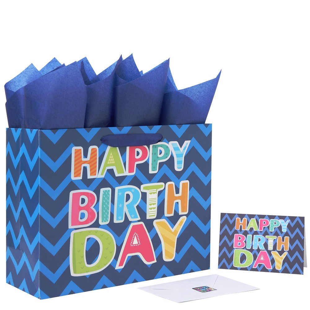13" Large Blue Gift Bag Set with Greeting Card and White Tissue Papers (Laser Foil 'Happy Birthday') for Men's Birthday Party, Boys' or Kids' Parties, Baby Shower, Baby Boy - 13x5.2x10.2, 1 Pcs.
