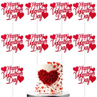 10Pcs Valentine's Day Cake Toppers Heart Cake Topper Red Glitter Valentines Cake Topper Love Cake Decorative Party Cake Decoration for Valentine's Day Birthday Gift